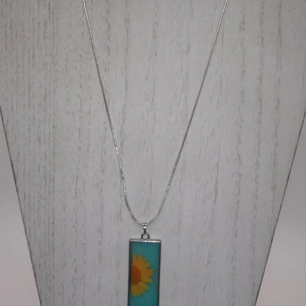 Necklace Rectangle Teal w/ Orange Dried Flower